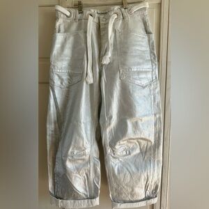 Free People Moxie Metallic Silver Low-Slung Barrel Jeans Size 28